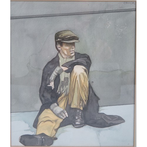 1015A - Study of a labourer seated on a pavement with cigarette, watercolour, signed 'BROOK' upper right, 26... 