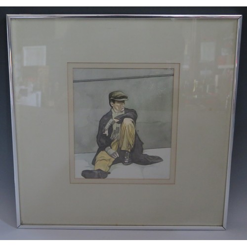 1015A - Study of a labourer seated on a pavement with cigarette, watercolour, signed 'BROOK' upper right, 26... 