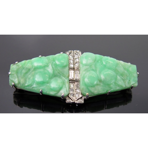 1 - Art Deco Carved Jadeite & Diamond Clip Brooch set with baguette and rose cuts in an unmarked platinu... 