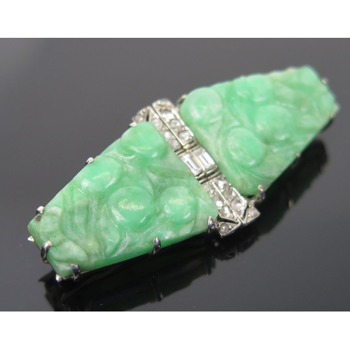 1 - Art Deco Carved Jadeite & Diamond Clip Brooch set with baguette and rose cuts in an unmarked platinu... 