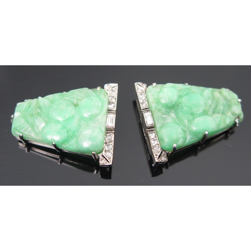 1 - Art Deco Carved Jadeite & Diamond Clip Brooch set with baguette and rose cuts in an unmarked platinu... 