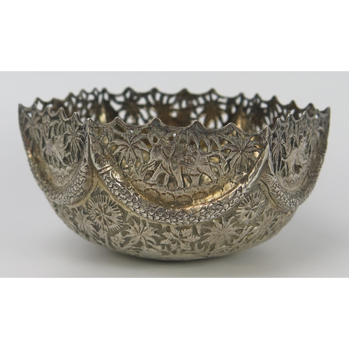 105 - Indian White Metal Hexagonal Bowl with embossed foliate and animal decoration and pierced border, 12... 