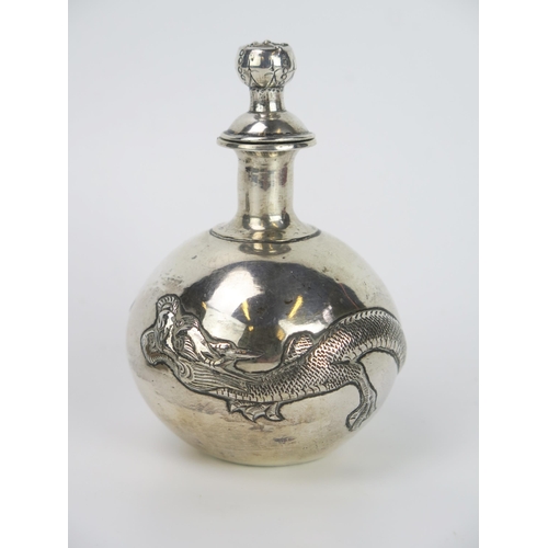 106 - Chinese Silver Scent Bottle and hinged gilt lined box decorated with embossed dragons, scent c. 10cm... 