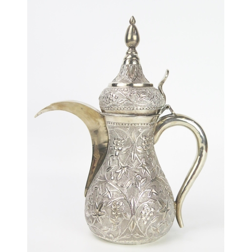 108 - Middle Eastern Dallah White Metal Teapot with embossed foliate decoration, 27cm tall, 721g