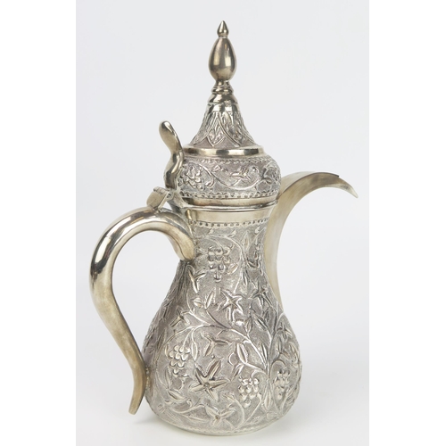 108 - Middle Eastern Dallah White Metal Teapot with embossed foliate decoration, 27cm tall, 721g