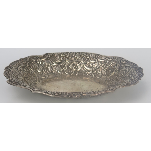 117 - Victorian Silver Shaped Oval Dish with embossed foliate scroll decoration, 23x17.5cm, Chester 1894, ... 