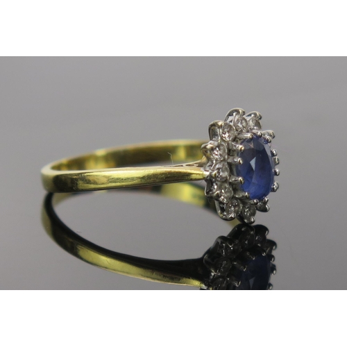 12 - Sapphire and Diamond Cluster Ring in an 18ct hallmarked setting, 11x9mm head, size P.5, 3.1g