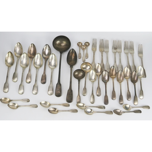 138 - George III Silver Fiddle Thread pattern Flatware engraved with curlew crest including soup ladle, ba... 