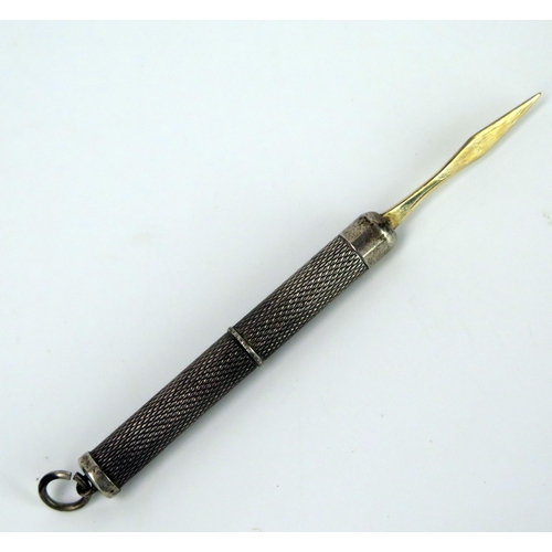 141 - Birmingham Silver Retractable Toothpick with engine turned decoration and gilt blade