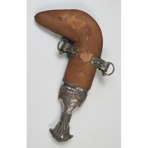 155 - Middle Eastern Khanjar Knife with white metal mounts, 29cm  including sheath