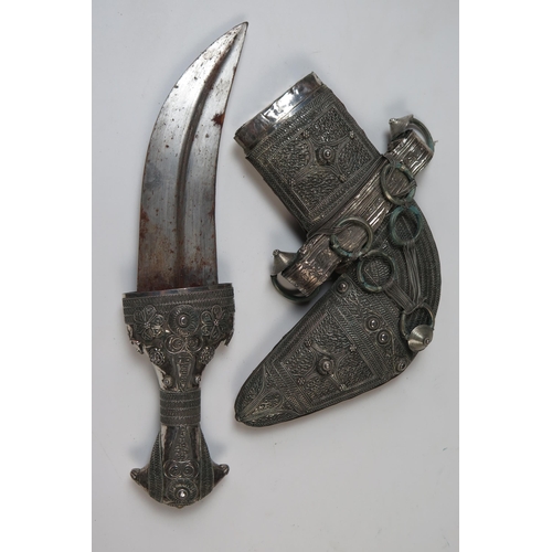 155 - Middle Eastern Khanjar Knife with white metal mounts, 29cm  including sheath