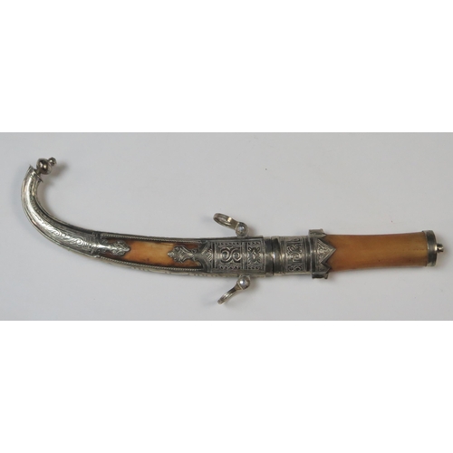 156 - Moroccan Koummya Knife with white metal and bone mounts, 26cm long including sheath