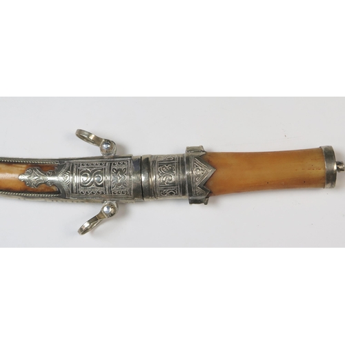 156 - Moroccan Koummya Knife with white metal and bone mounts, 26cm long including sheath