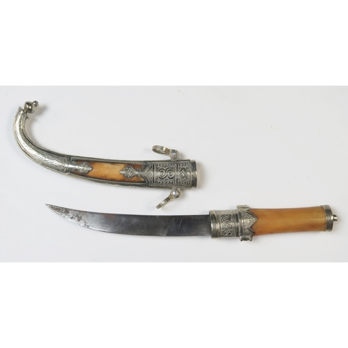 156 - Moroccan Koummya Knife with white metal and bone mounts, 26cm long including sheath