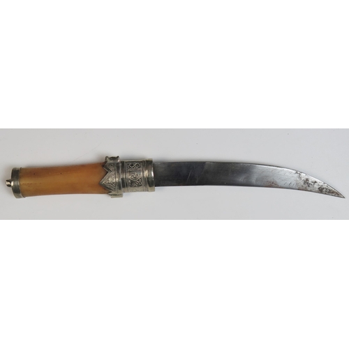 156 - Moroccan Koummya Knife with white metal and bone mounts, 26cm long including sheath