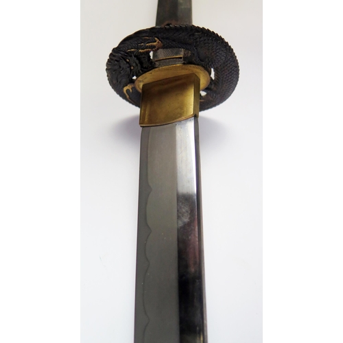 178 - Japanese Samurai Katana Sword, blade c. 69 and overall 93cm, signed tang, iron and gilt dragon tsuba... 