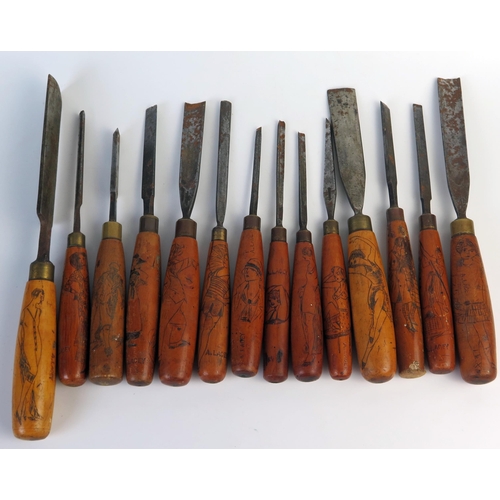 186 - Collection of Fourteen Wood Chisels by William Marples & Sons, each handle hand decorated with figur... 