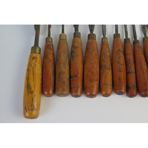 186 - Collection of Fourteen Wood Chisels by William Marples & Sons, each handle hand decorated with figur... 