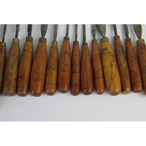 186 - Collection of Fourteen Wood Chisels by William Marples & Sons, each handle hand decorated with figur... 