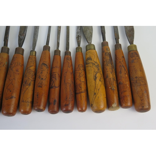 186 - Collection of Fourteen Wood Chisels by William Marples & Sons, each handle hand decorated with figur... 