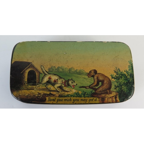 188 - 19th Century Snuff Box with cartoon of a monkey and a chained dog beside a kennel with the caption 