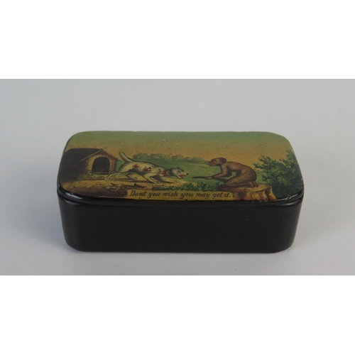 188 - 19th Century Snuff Box with cartoon of a monkey and a chained dog beside a kennel with the caption 