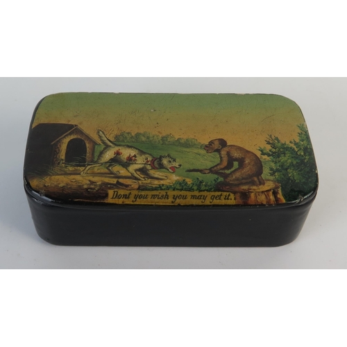 188 - 19th Century Snuff Box with cartoon of a monkey and a chained dog beside a kennel with the caption 