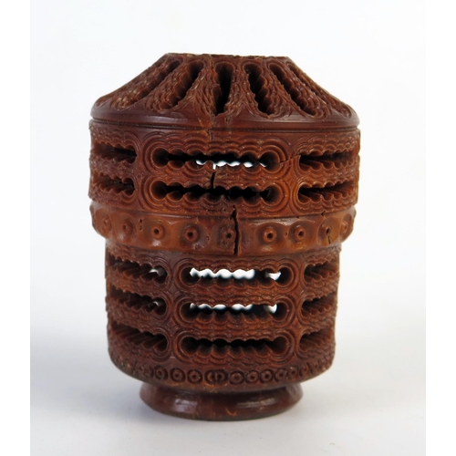 191 - 19th Century Carved Coquilla Nut Container with pierced decoration, 5.5cm. Faults