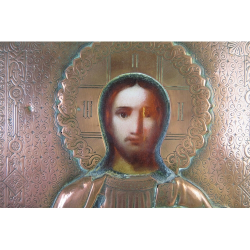 192 - 19th Century Orthodox Christian Icon depicting Jesus with a chased copper cover bearing a double hea... 