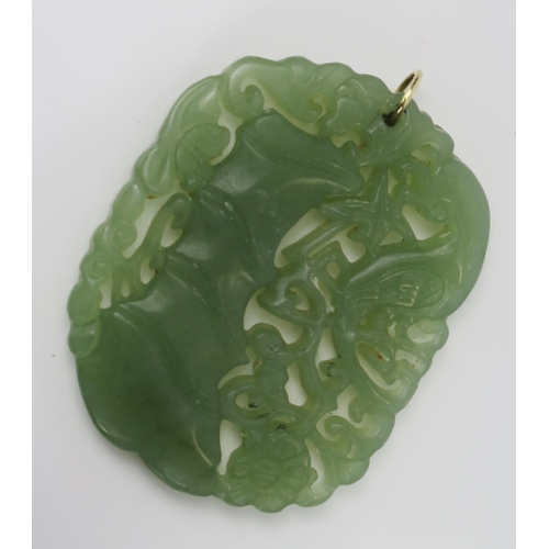 2 - Chinese Carved Jadeite Pendant with pierced foliate decoration, 57.5x45mm, 25.5g