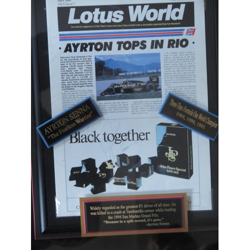 203 - Millennium Galleries Formula One Display with Ayrton Senna signature on Lotus World magazine and wit... 