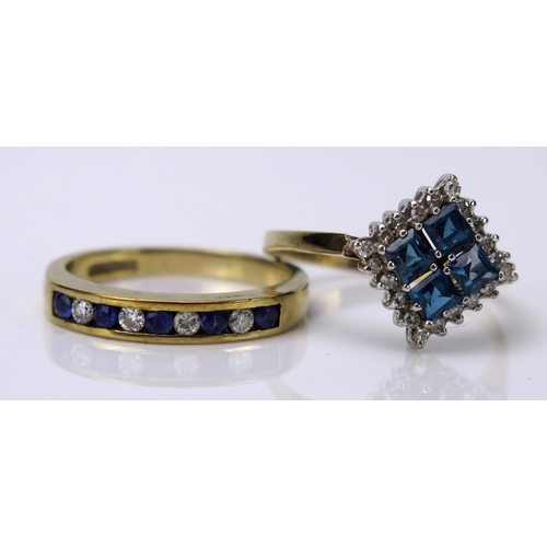 22 - Two Diamond and Blue Stone Dress Rings, sizes P.25 and P, 5.4g