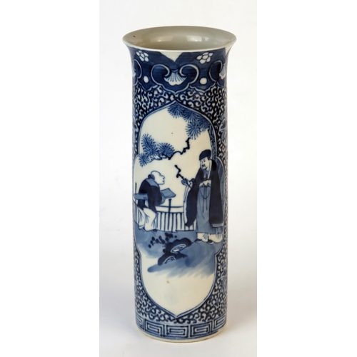 235 - Chinese Blue and White Sleeve Vase, oval panel depicting a scholar and monk in discussion, four char... 