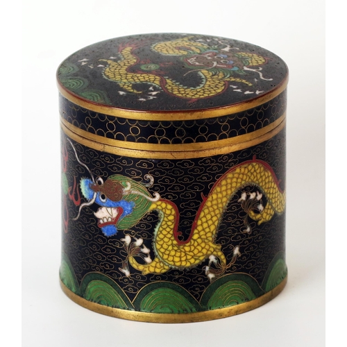 237 - Chinese Cloisonné Box, of circular form, pull off lid, decorated with a yellow dragon chasing a flyi... 