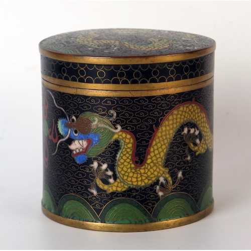 237 - Chinese Cloisonné Box, of circular form, pull off lid, decorated with a yellow dragon chasing a flyi... 