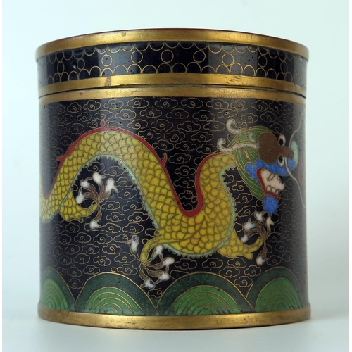 237 - Chinese Cloisonné Box, of circular form, pull off lid, decorated with a yellow dragon chasing a flyi... 