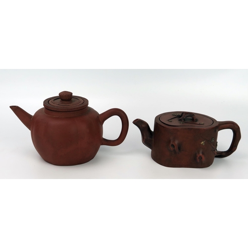 241 - Chinese Yixing Teapot, in the form of a cut bamboo pole, naturalistic spout handle and finial, four ... 