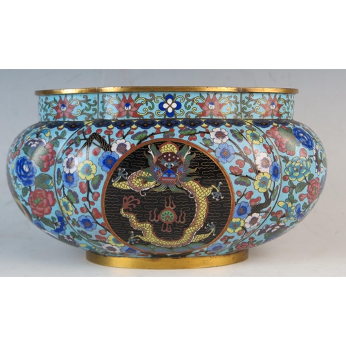 243 - Chinese Cloisonné Jardinière, of oval lobed form, the central panel decorated with a yellow dragon c... 