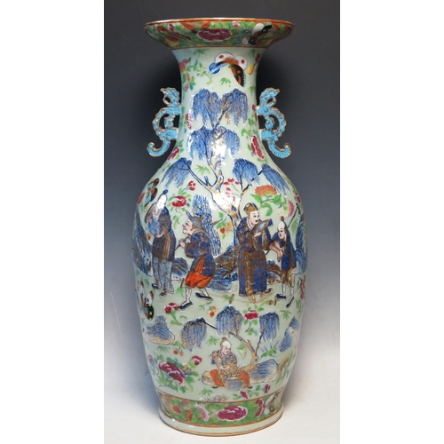 244 - Large Chinese Famille Rose Vase, the central decoration depicts figures collecting butterflies and i... 