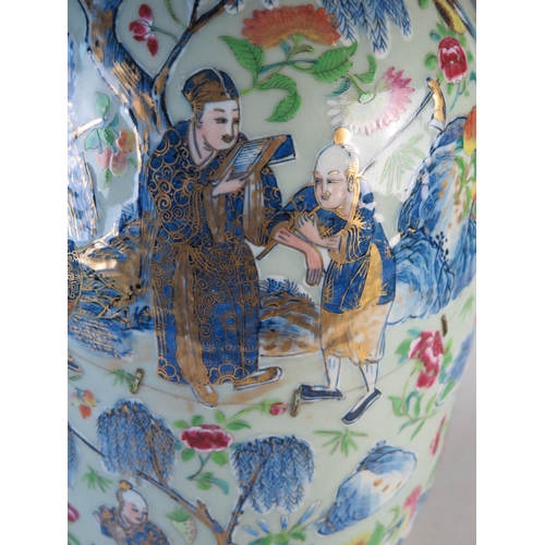 244 - Large Chinese Famille Rose Vase, the central decoration depicts figures collecting butterflies and i... 