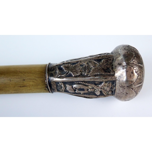 247 - Late 19th Century Chinese Silver Cane Top, with horn stem, damaged.