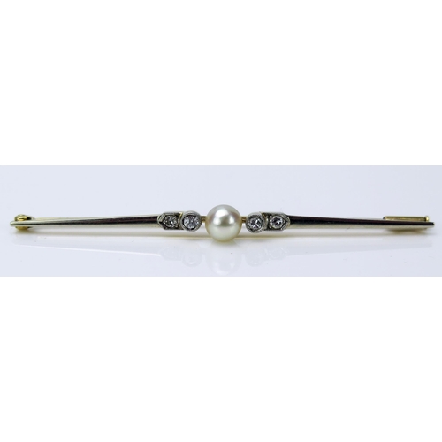 25 - Pearl (untested) and Diamond Bar Brooch in a 15ct gold millegrain setting, 67mm, 3.5g, boxed