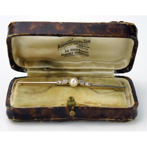 25 - Pearl (untested) and Diamond Bar Brooch in a 15ct gold millegrain setting, 67mm, 3.5g, boxed