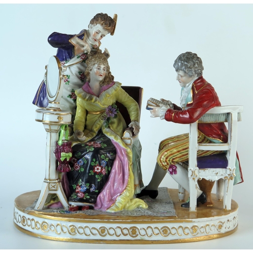 267 - Uffrecht Porcelain Figural Group depicting a hair dresser arranging a lady's hair while being read t... 