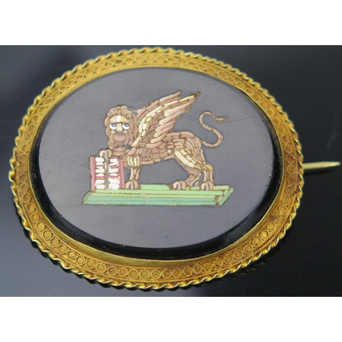 27 - Antique Italian Micromosaic Brooch decorated with a winged lion in a high carat gold setting, 4.65x4... 