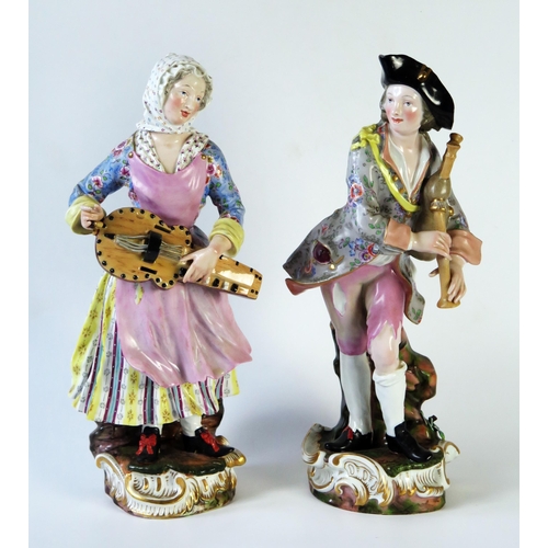 271 - Pair of 19th Century Meissen Figures of Musicians, a bagpipe player marked Kr. and a woman with a hu... 