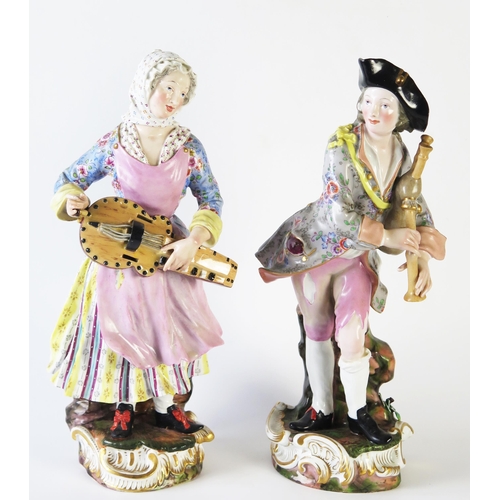 271 - Pair of 19th Century Meissen Figures of Musicians, a bagpipe player marked Kr. and a woman with a hu... 