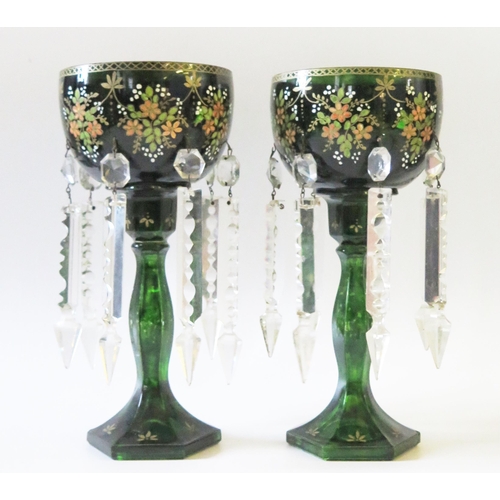 271A - A pair of 19th Century Green Glass Lusters, of goblet form, decorated with green, pink and white ena... 