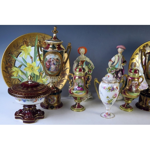 280 - Pair of Royal Vienna Style Classical Two Handle Vases set on a plinth base, together with a pair of ... 