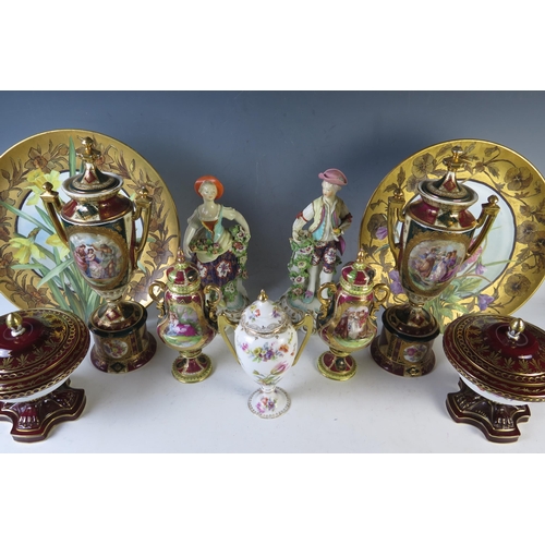 280 - Pair of Royal Vienna Style Classical Two Handle Vases set on a plinth base, together with a pair of ... 